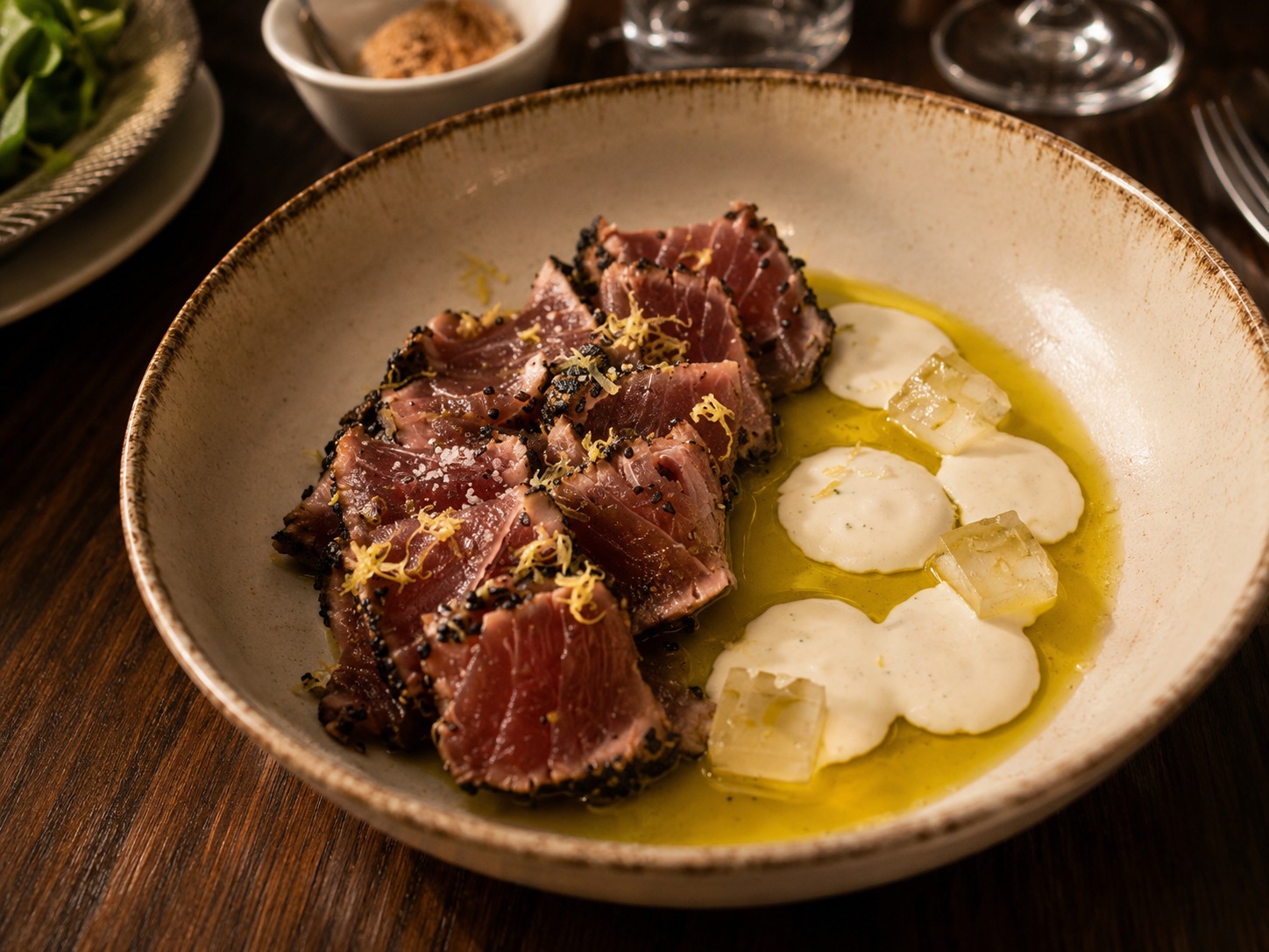 Thon mi-cuit croûte de poivre, crème citronnée et huile d'olive