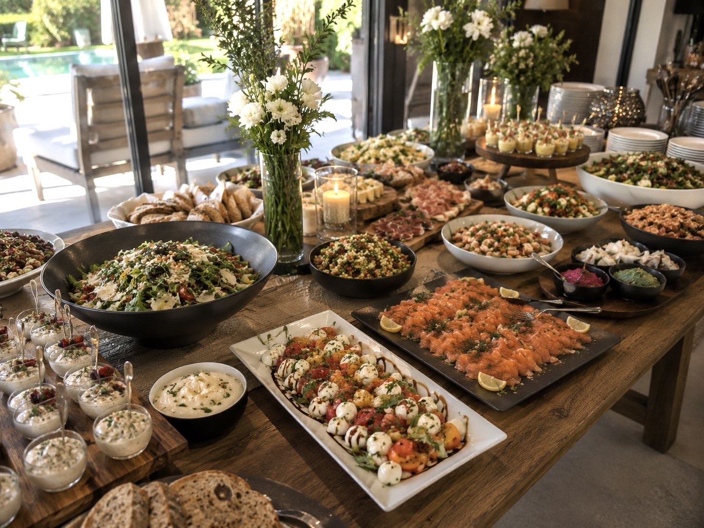 Grand buffet dressé : salades, fruits de mer et charcuteries